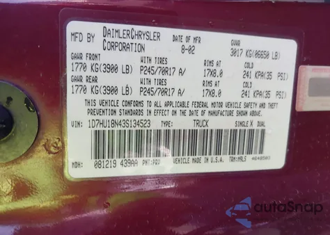 2003 Dodge Ram 1500 Slt/Laramie/St from USA, damaged, VIN 1D7HU18N43S134523